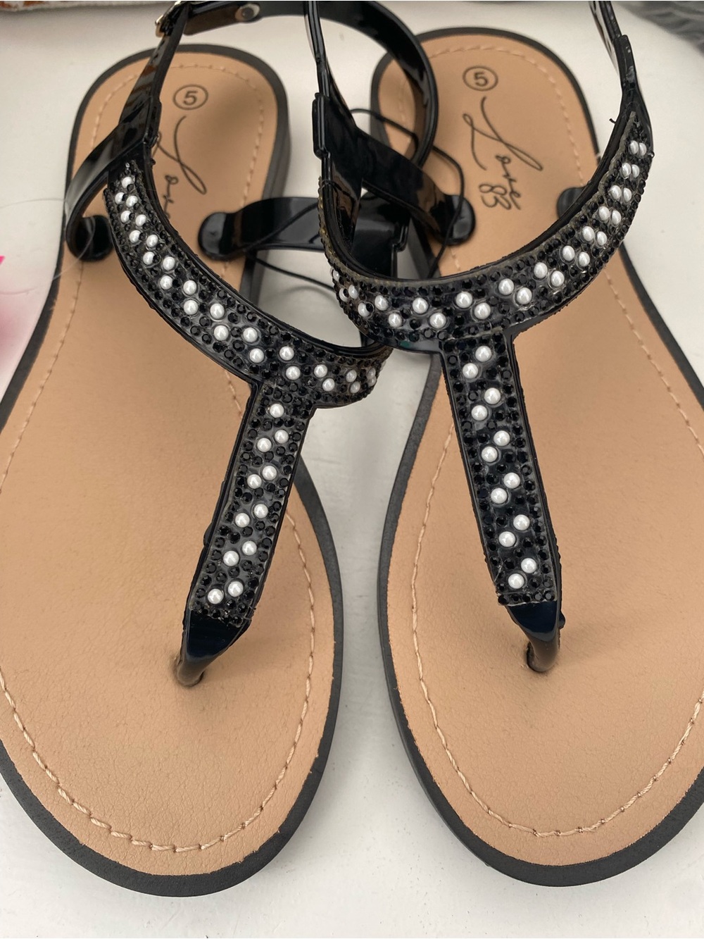 Women's Black Pearl-Embellished T-Strap Sandals